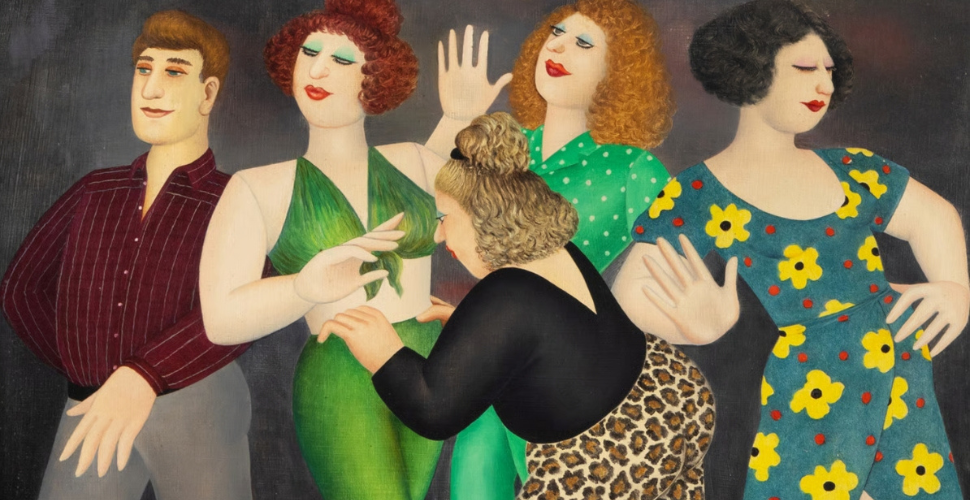 Five stylised figures in colourful retro outfits dance together against a dark background, their faces blurred.